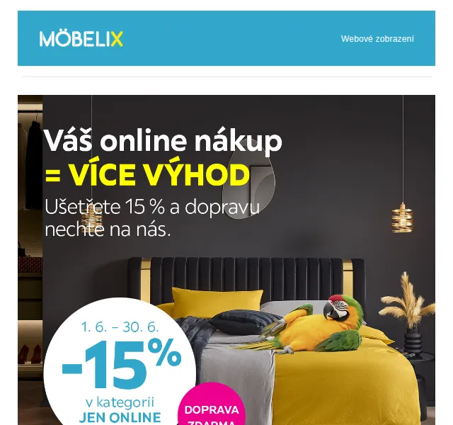 Möbelix: -15 % na nábytek online + doprava zdarma – červen 2026