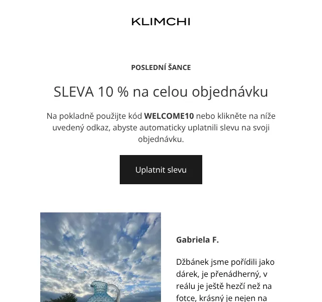 KLIMCHI: Slevový kód na české sklo -10 % – září 2026