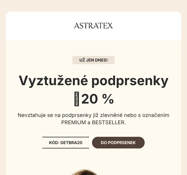 Astratex.cz: Sleva 20 % na podprsenky, až -70 % plavky – červenec 2026
