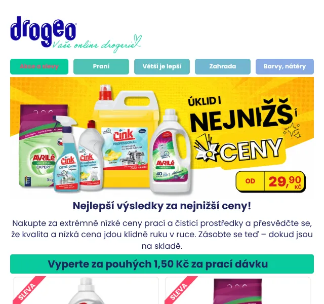 Drogeo: prací prášek 49,90 Kč, prostředek na nádobí 29,90 – červenec 2026