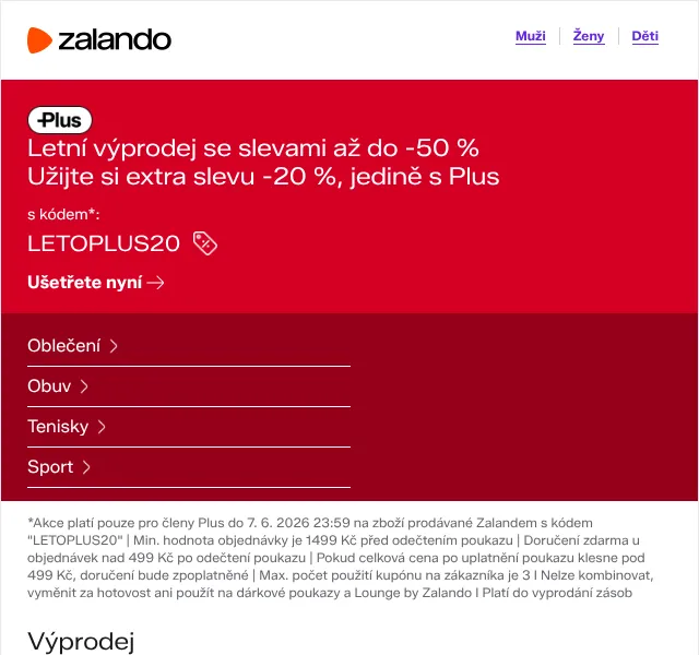 Zalando: Letní výprodej do -50 % + extra -20 % s Plus – červen 2026