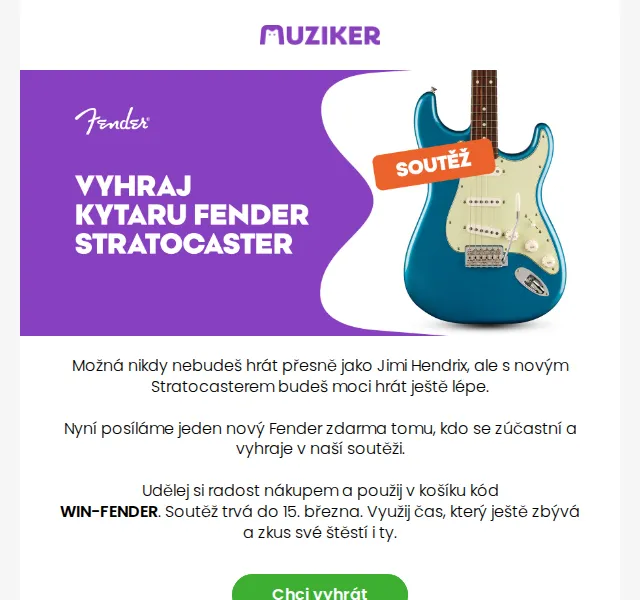 Muziker: Soutěž o kytaru Fender Stratocaster – červenec 2026 | Nuslet.cz