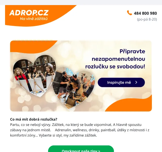 Adrop.cz: Zážitkové dárky – rozlučky a narozeniny – květen 2026