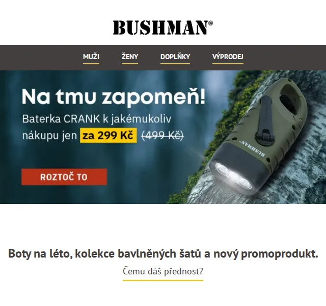 BUSHMAN: Letní výbava – sandály, šaty a baterka za 299 Kč | červen 2026 | Nuslet.cz