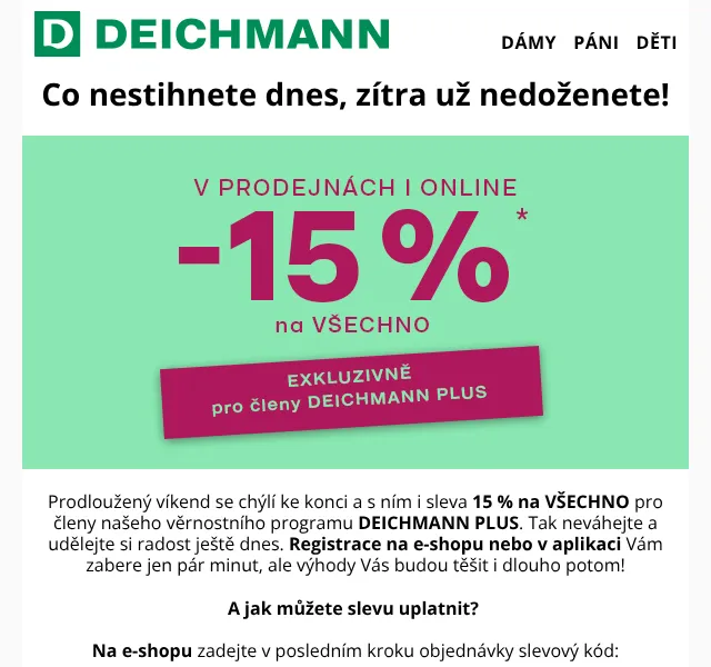 Deichmann: -15 % na vše pro členy PLUS – květen 2026 | Nuslet.cz