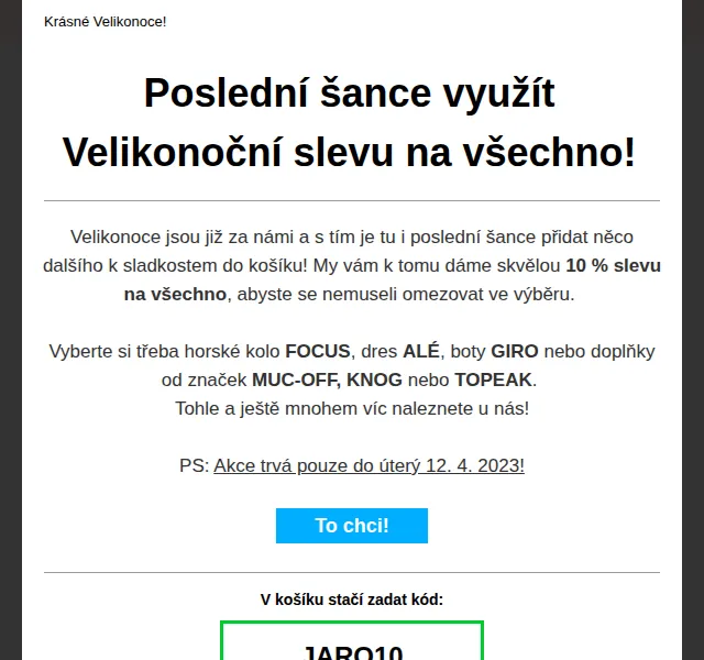 czbikero: Velikonoční sleva 10 % na vše (FOCUS, ALÉ, GIRO) – červen 2026 | Nuslet.cz