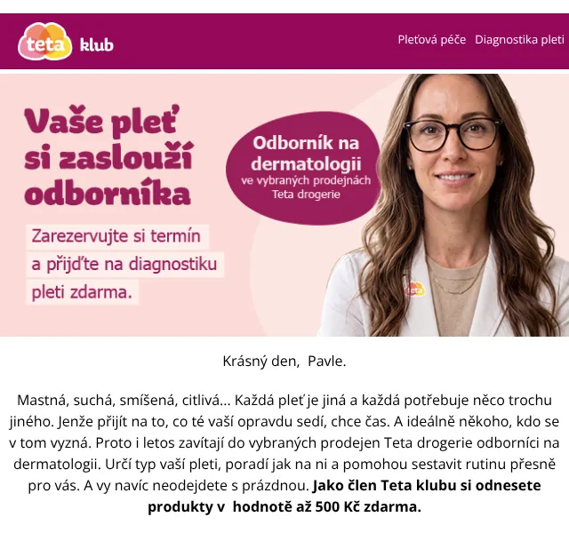 Teta drogerie: Diagnostika pleti zdarma – září 2026