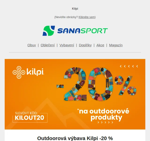 Sanasport: Sleva 20 % na outdoor Kilpi – červen 2026 | Nuslet.cz
