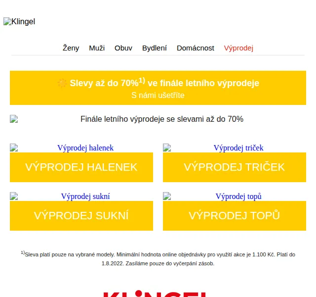 KLiNGEL: finále letního výprodeje se slevami až 70 % – červen 2026 | Nuslet.cz
