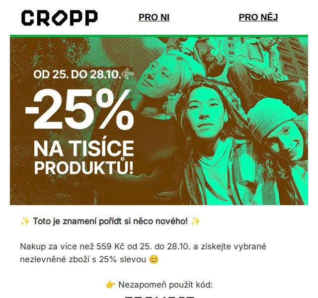 Cropp: -25 % na vybrané nezlevněné produkty – říjen 2026 | Nuslet.cz