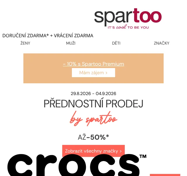 Spartoo.cz: až -50 % Crocs, Tommy Jeans – srpen 2026