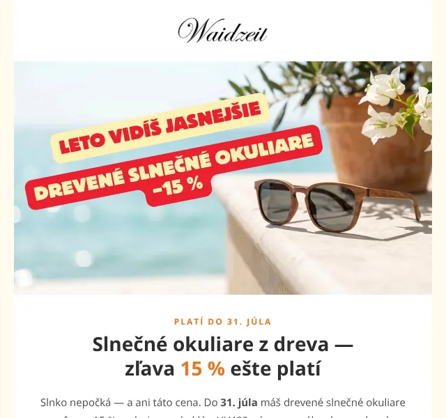 Waidzeit: −15 % na drevené okuliare a hodinky – červen 2026