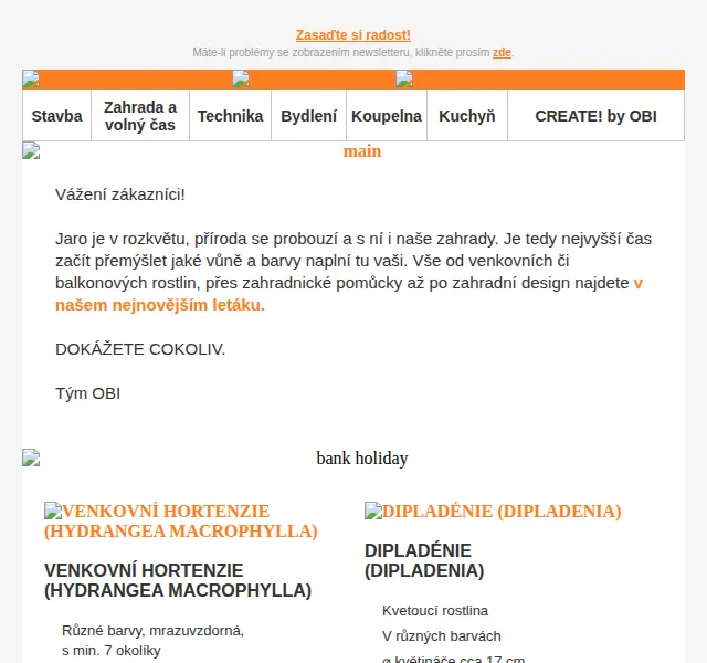 OBI Novinky: jarní výsadba – hortenzie 329 Kč, dipladénie 469 Kč – červen 2026 | Nuslet.cz