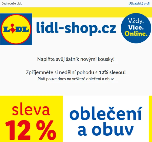 Lidl: Sleva 12 % na veškeré oblečení a obuv – srpen 2026 | Nuslet.cz