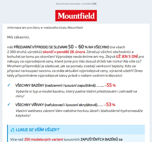 Mountfield: Slevy 50–60 % na bazény a vířivky – únor 2026 | Nuslet.cz