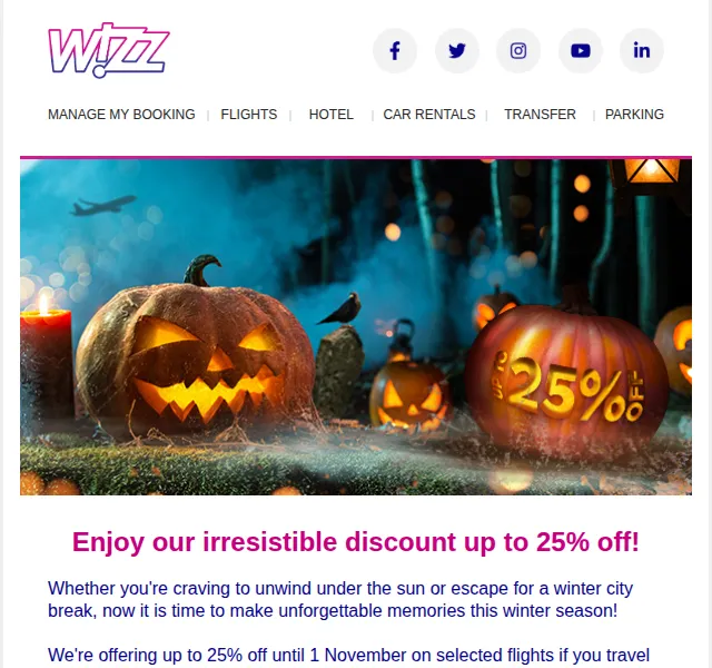 Wizz Air: Halloween sleva až 25 % – listopad 2026 | Nuslet.cz
