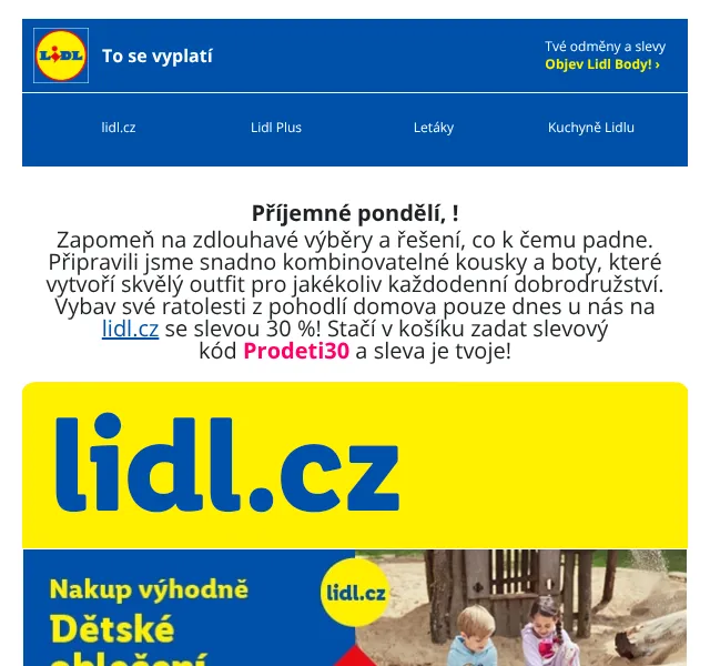 Lidl: 30 % sleva na dětskou módu – slevový kód Prodeti30