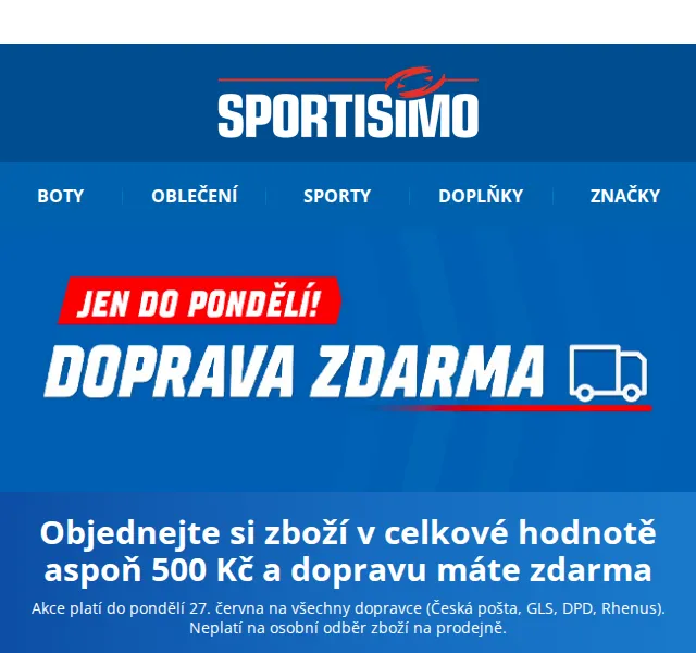 Sportisimo.cz: Doprava zdarma při nákupu nad 500 Kč – červen 2026 | Nuslet.cz