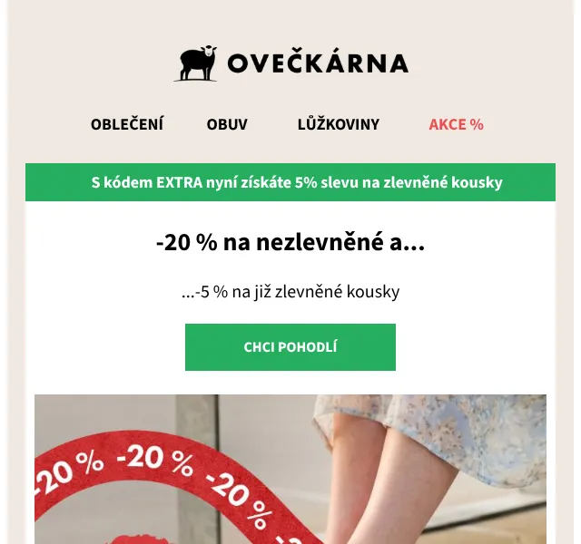 Ovečkárna: Extra 5% sleva na zlevněné kusy – červen 2026