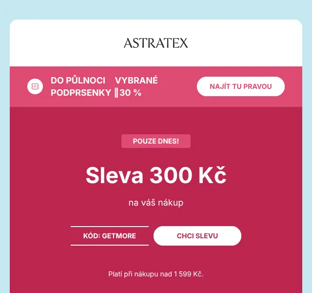 Astratex: podprsenky 30 % + bonus 300 Kč – květen 2026