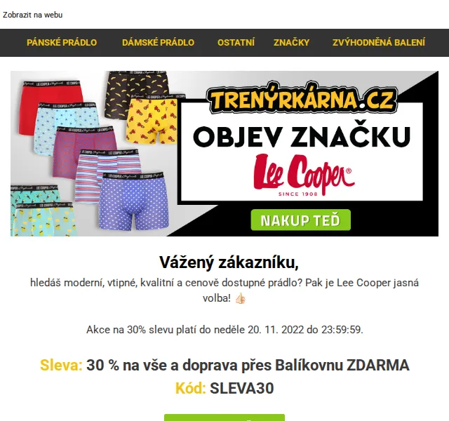 Trenýrkárna.cz: 30% sleva Lee Cooper – červen 2026 | Nuslet.cz