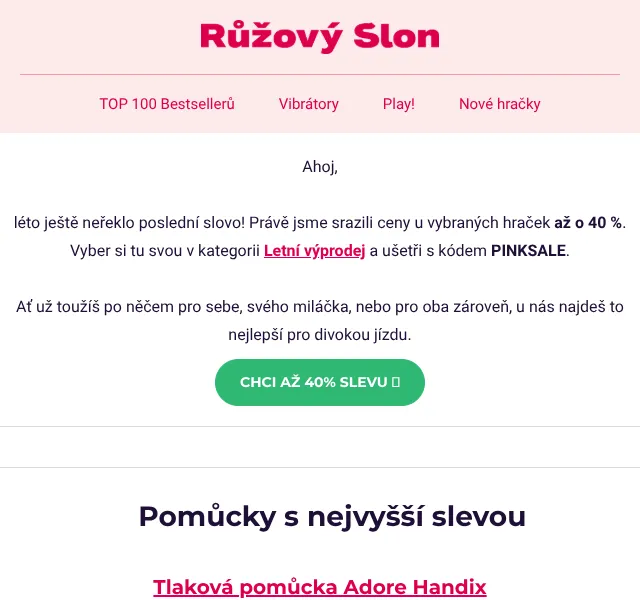 Růžový Slon: letní výprodej až 40 % sleva – srpen 2026