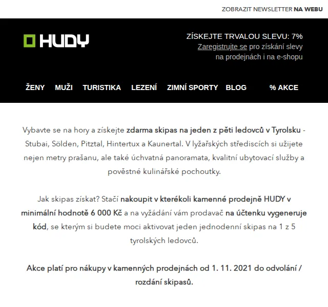 Hudy: skipas zdarma k nákupu nad 6 000 Kč – červen 2026 | Nuslet.cz