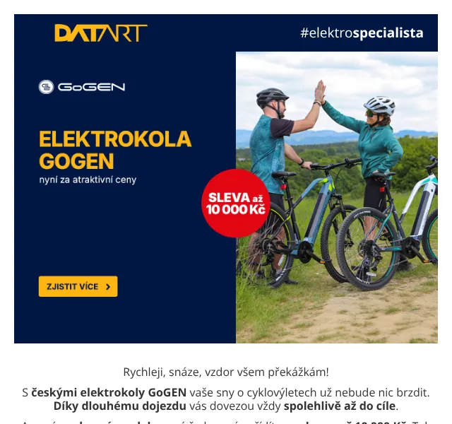 DATART: E-bikes GoGEN sleva až 10 000 Kč – duben 2026