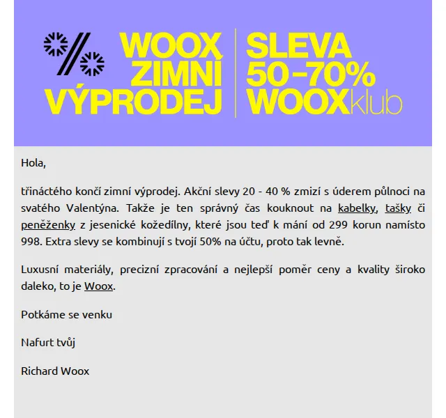 Richard Woox: Zimní výprodej tašek a peněženek od 299 Kč – únor 2026 | Nuslet.cz