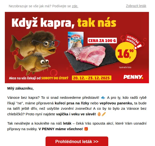 Penny: Vánoční kapr za 16,90 Kč – prosinec 2025 | Nuslet.cz