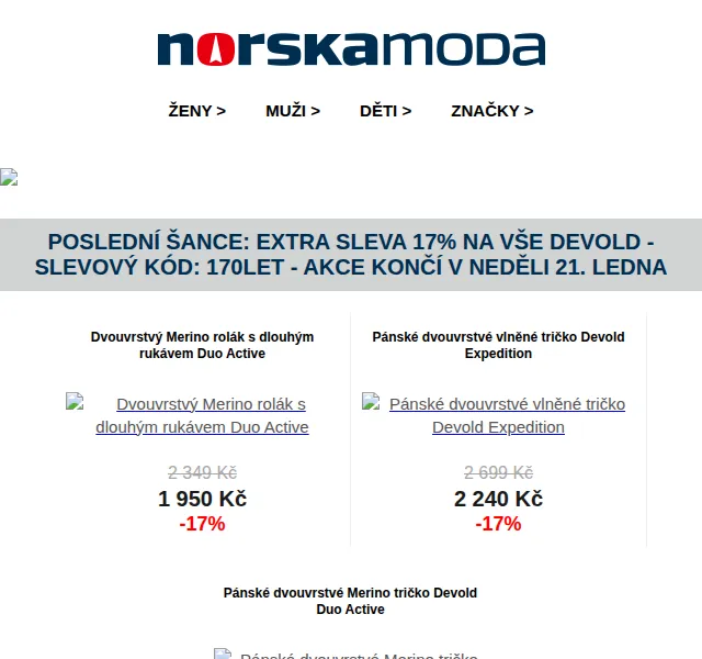 Norskamoda.cz: Extra sleva 17 % na značku Devold – červenec 2026 | Nuslet.cz