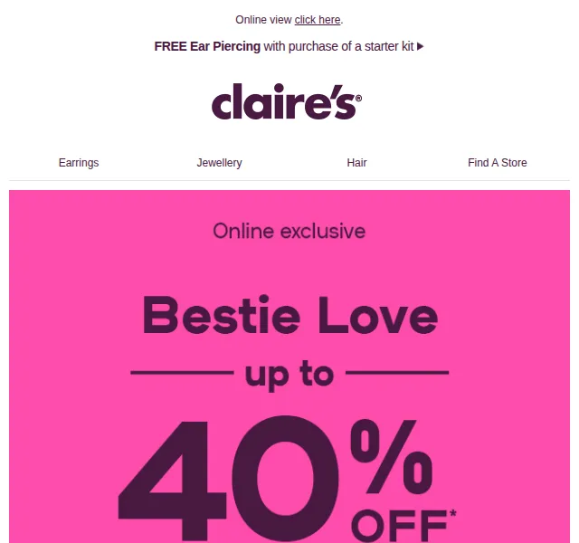 Claire's: Národní den nejlepších přátel – slevy až 40 % – červen 2026 | Nuslet.cz