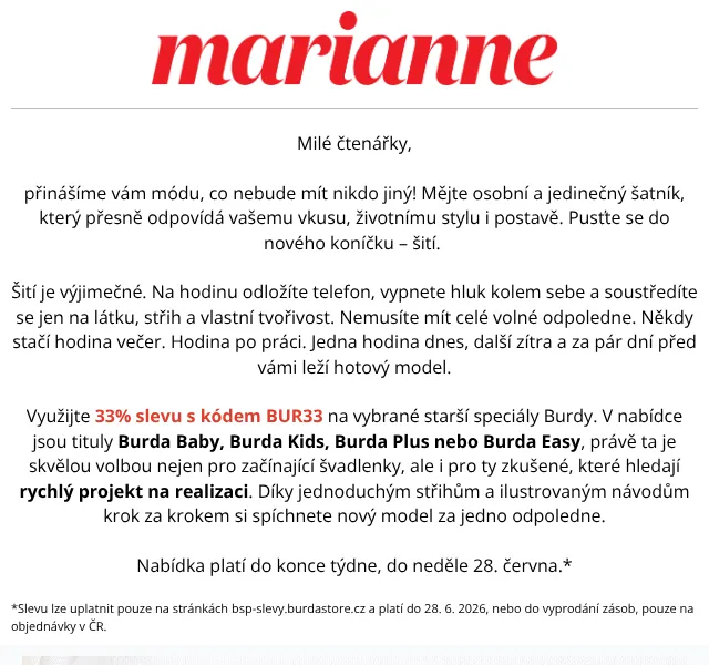 Marianne: 33 % sleva na Burdu – červen 2026 | Nuslet.cz
