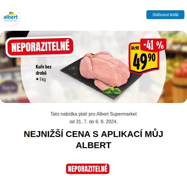 Albert: Kuře bez drobů 49,90 Kč a Božkov 119,90 Kč – srpen 2024 | Nuslet.cz