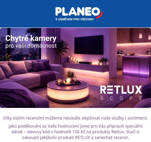 Planeo: Sleva 100 Kč na Retlux kamery – červen 2026