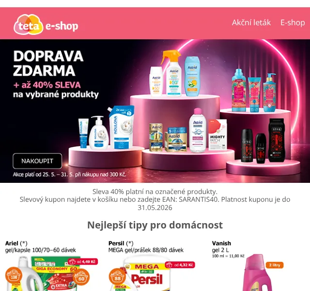 Teta drogerie: 40 % sleva + doprava zdarma – květen 2026