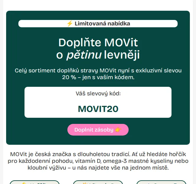 Pilulka.cz: Sleva 20 % na MOVit doplňky stravy – červenec 2026 | Nuslet.cz