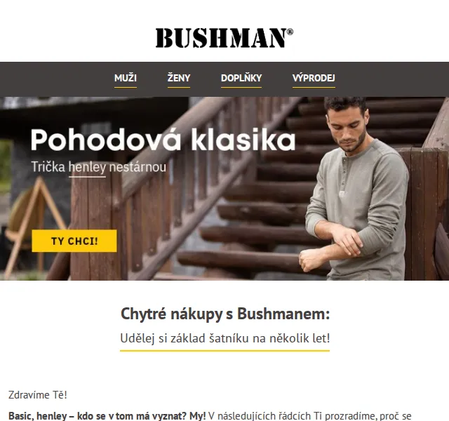BUSHMAN: Henley a basic kousky – až 35 % | červenec 2026 | Nuslet.cz