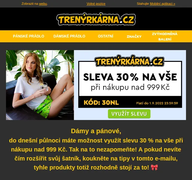 Lukáš z Trenýrkárna.cz: Sleva 30 % na vše nad 999 Kč – září 2026 | Nuslet.cz