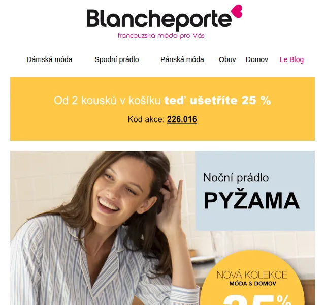 Blancheporte: -25 % na pyžama a noční košile – duben 2026
