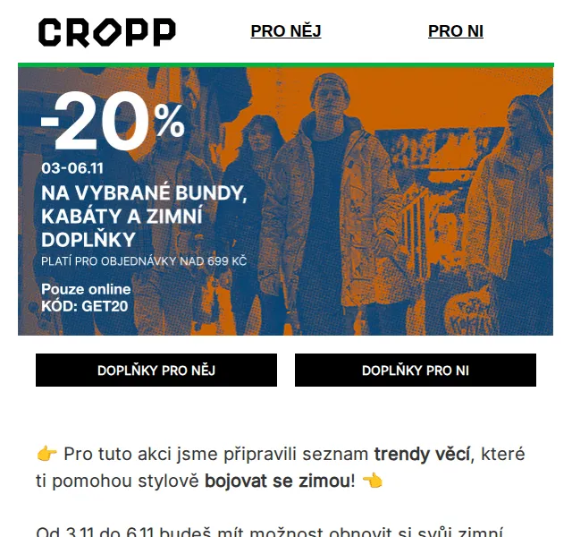 Cropp: -20 % na vybrané produkty – příprava na zimu – červenec 2026 | Nuslet.cz