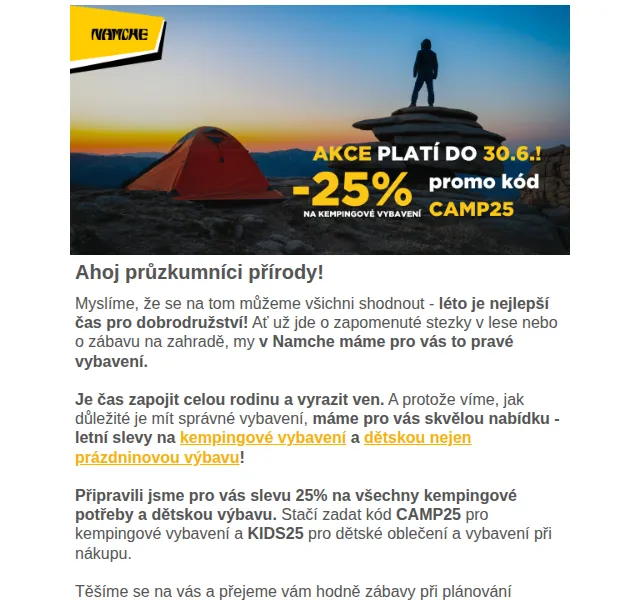 Namcheshop: 25% na kemping a dětské oblečení – červen 2026 | Nuslet.cz