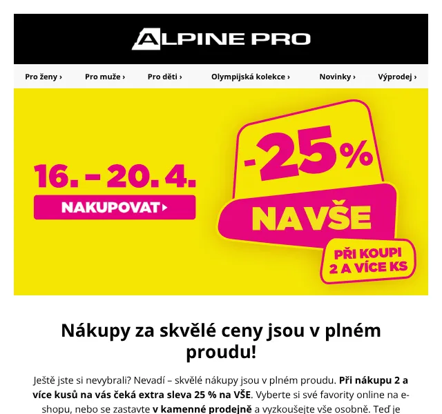 ALPINE PRO: sleva 25 % na vše – duben 2026 | Nuslet.cz