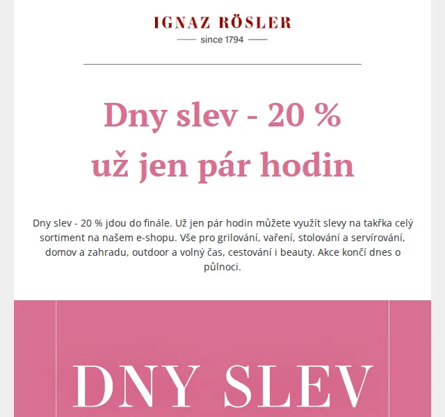 Ignazrosler.cz: Dny slev – 20% na celý sortiment – červen 2026 | Nuslet.cz