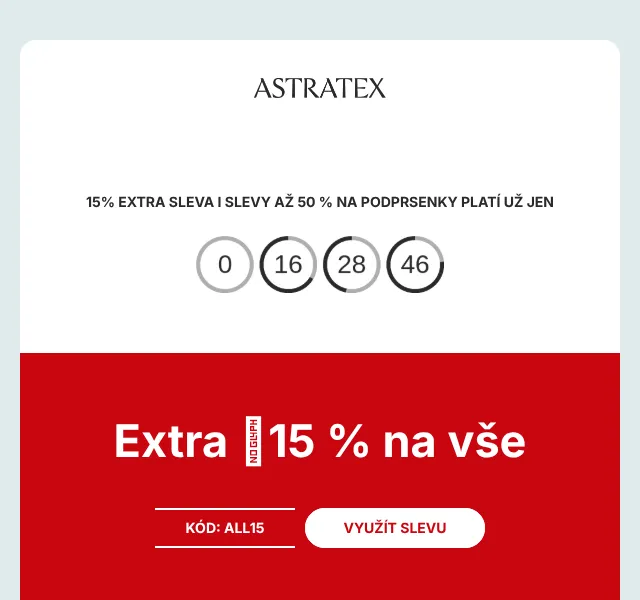 Astratex.cz: podprsenky až −50 % + 15 % na všechno | Červenec 2026
