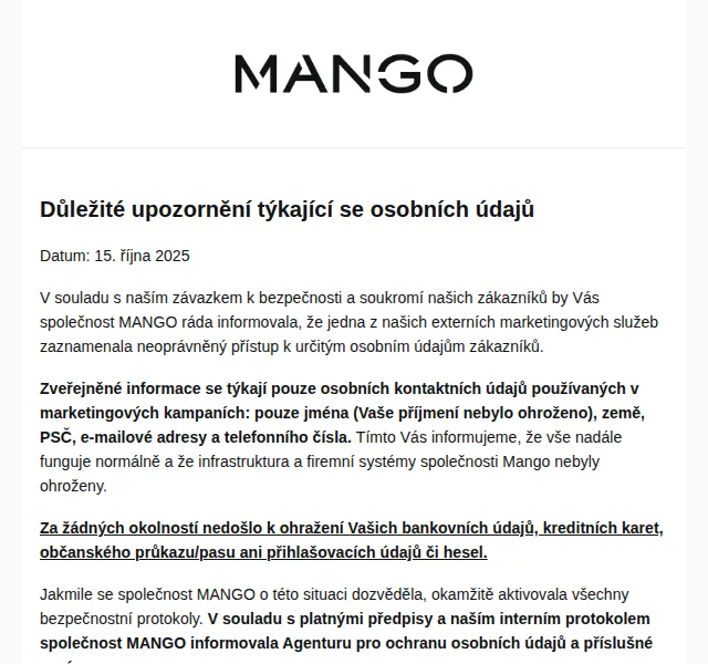 MANGO Home: Upozornění na bezpečnost osobních údajů – říjen 2025 | Nuslet.cz