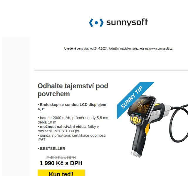 Sunnysoft: Endoskop, kamera, VR kabel – slevy až 24 % – červenec 2026 | Nuslet.cz