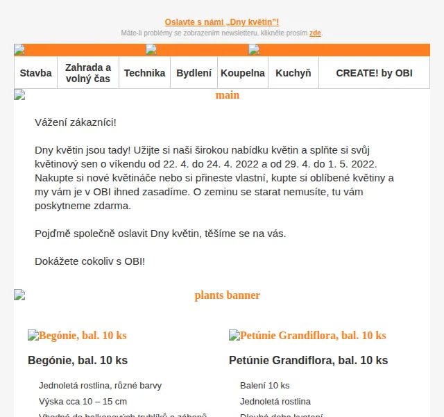 OBI Novinky: Dny květin – květiny od 35 Kč – duben 2026 | Nuslet.cz