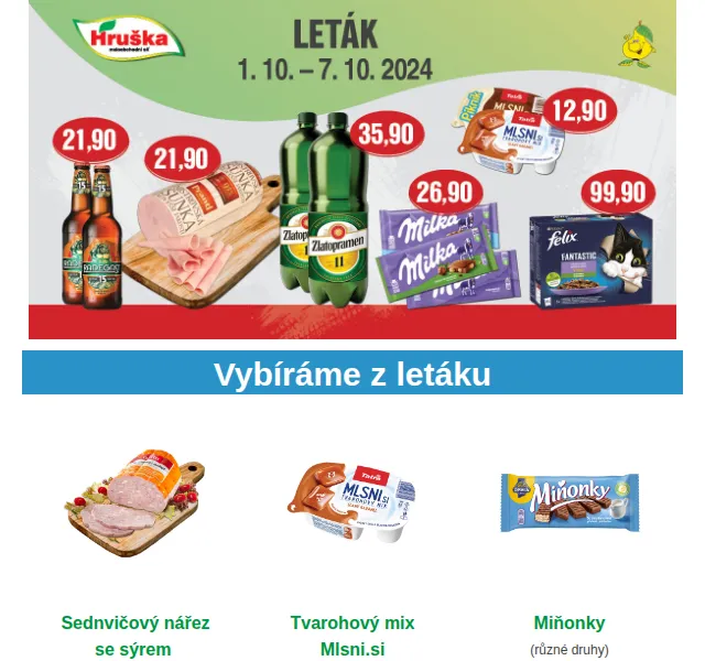 Váš HRUŠKA tým: leták Sednvičový nářez 16,40 Kč a Kofola 29,90 Kč – říjen 2024 | Nuslet.cz