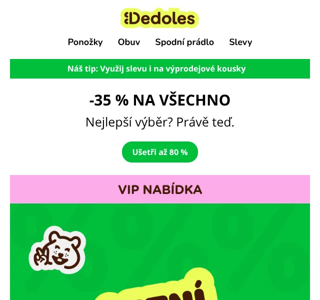 Dedoles.cz: -35 % VIP slevy + až -80 % na výprodej – srpen 2026